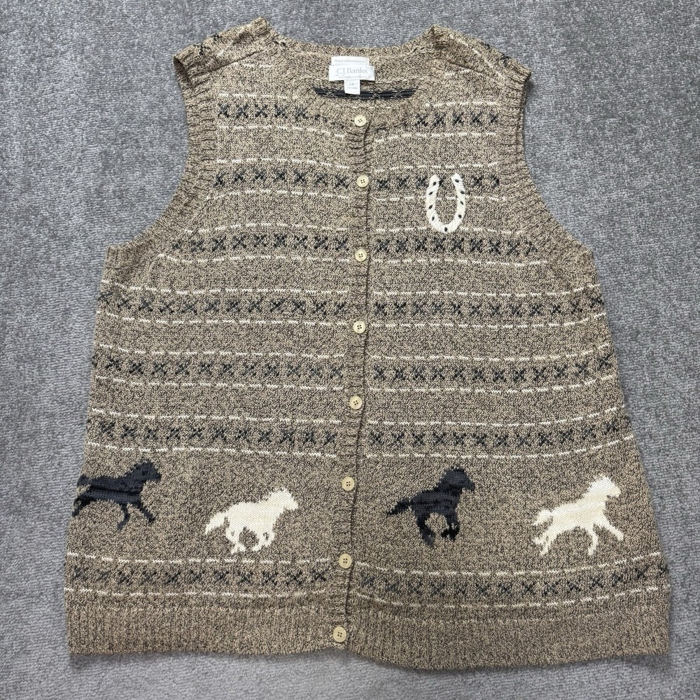 Knit Hand Embroidered CJ Banks Button Vest Horse Equestrian Western 2XL